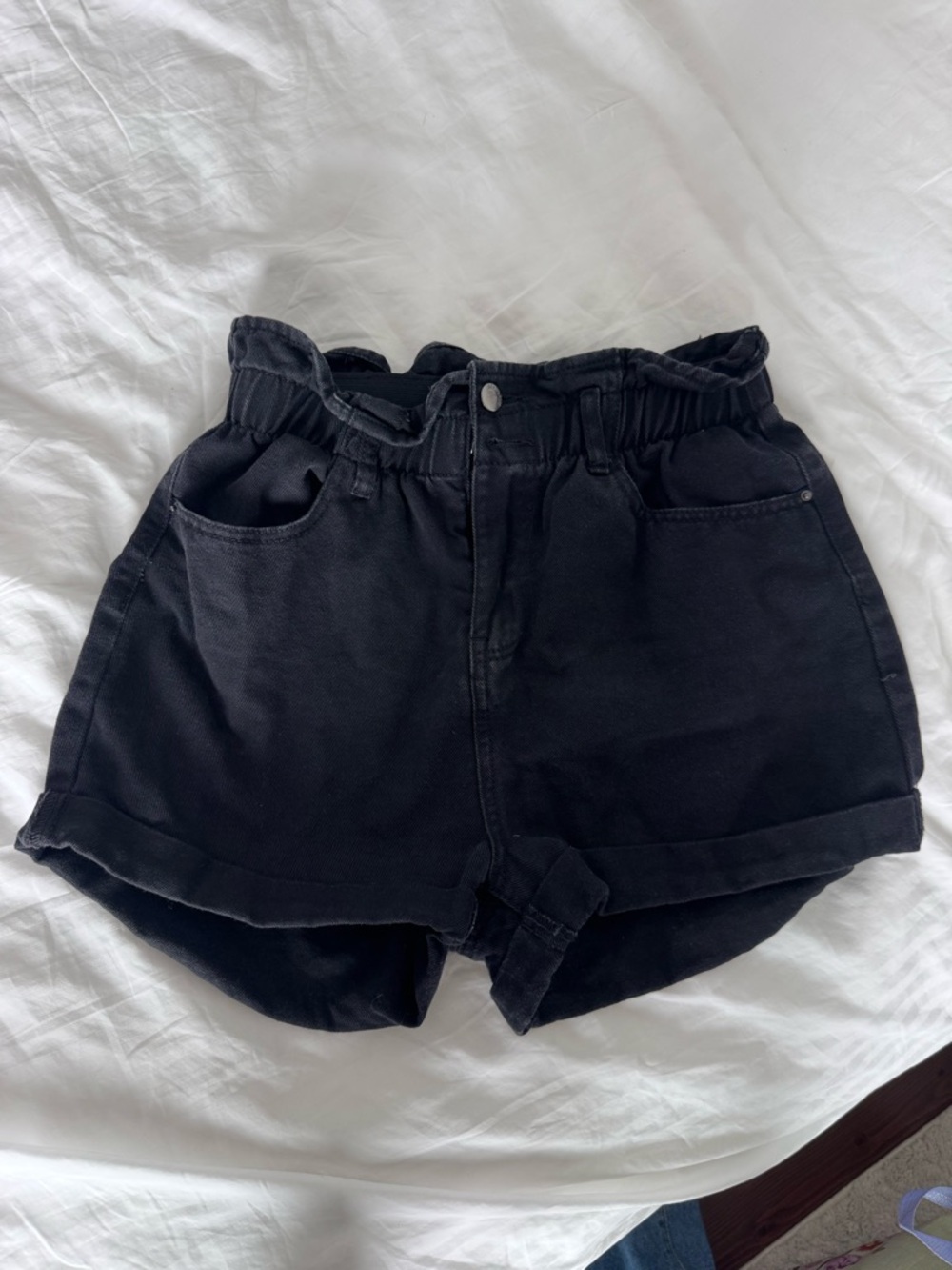 Denim&Co Black High-Waist Paperbag Jean Shorts